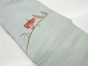 作家物　縮緬地変わり織手描き百合模様名古屋帯